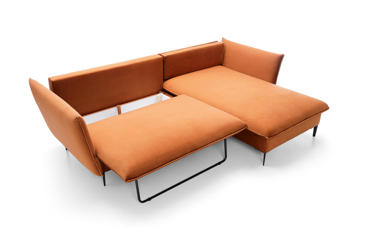 Colțar extensibil modern cu ladă de depozitare pentru living 258 cm, tapițat în material catifelat, picioare metalice negre și extensie 140x220 cm, design elegant contemporan ISALDA