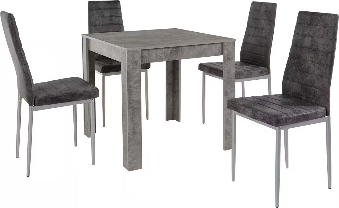 Set dining cu masă și 4 scaune, masă 80x80 cm, scaune înălțime 96 cm, design compact modern pentru bucătărie sau spații mici