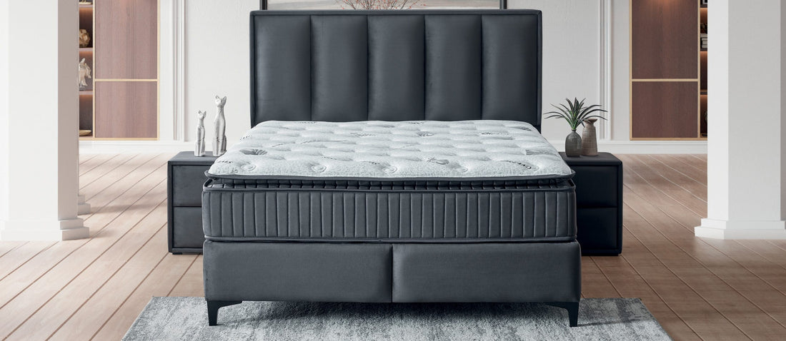 Pat Boxspring HERMES cu lada de depozitare, structura metalica, material si saltea premium cu topper integrat