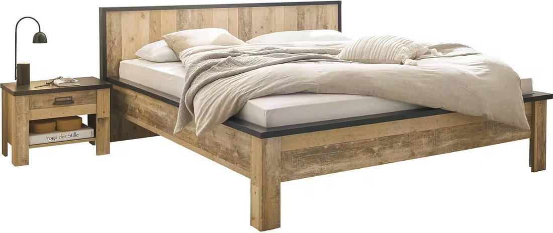 Set dormitor 3 piese, cadru pat și 2 noptiere, stil rustic, culoare maro cu negru, material MDF și PAL, design robust și elegant pentru dormitor