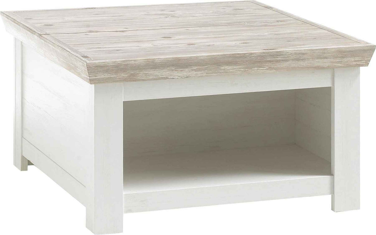 Masuta de cafea patrata cu compartimente, MDF, culoare alb-gri, 86 cm, design modern cu blat gros si spatiu practic de depozitare pentru living