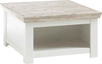 Masuta de cafea patrata cu compartimente, MDF, culoare alb-gri, 86 cm, design modern cu blat gros si spatiu practic de depozitare pentru living