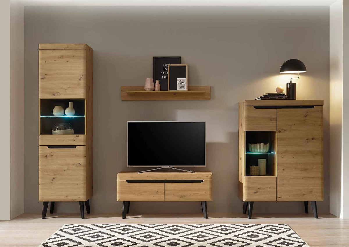 Set living cu vitrine, comodă și etajeră, 290 cm, culoare maro-negru, design modern și spațiu generos de depozitare pentru living