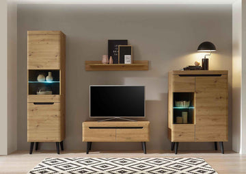 Set living cu vitrine, comodă și etajeră, 290 cm, culoare maro-negru, design modern și spațiu generos de depozitare pentru living