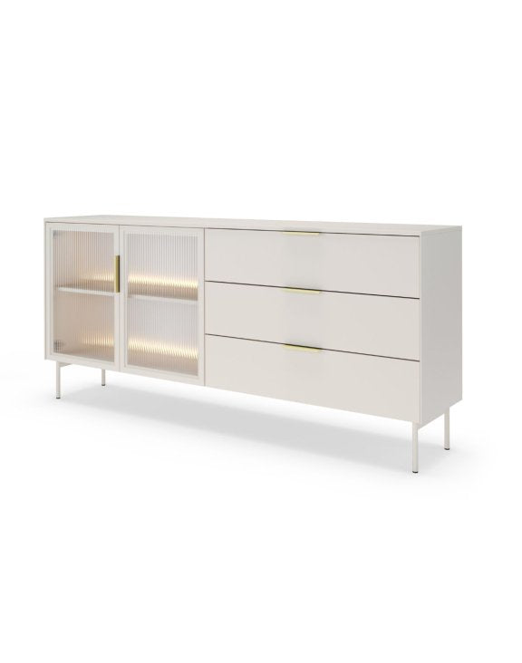 Comodă living modernă 181,3 cm cu sertare și vitrină, uși din sticlă riflată, LED integrat, MDF și PAL, culoare cashmere AUREA