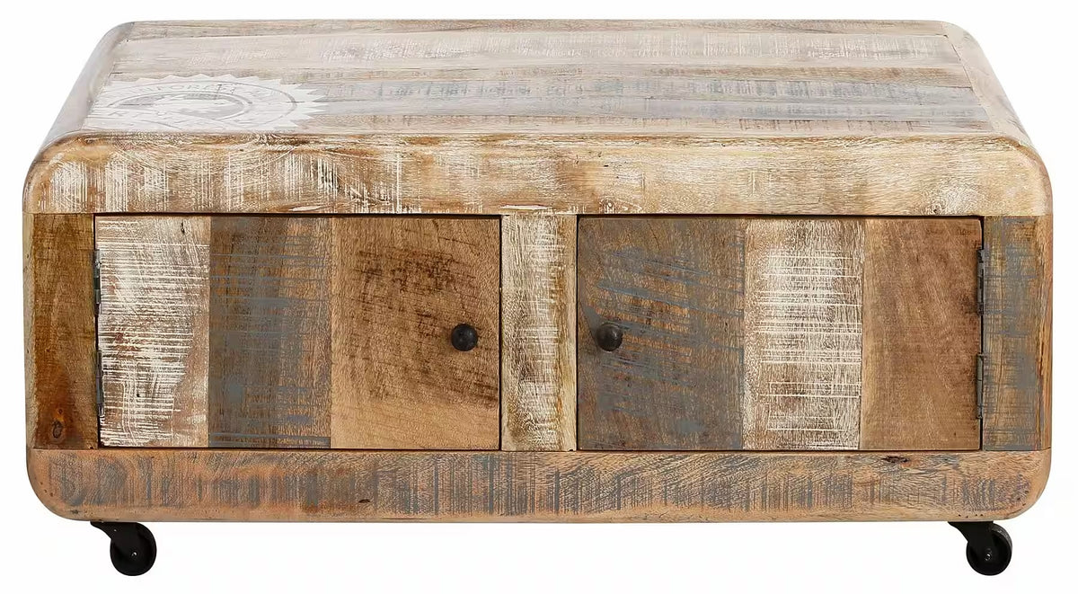 Măsuță de cafea vintage cu rotile, material lemn masiv de mango, 110 cm lungime