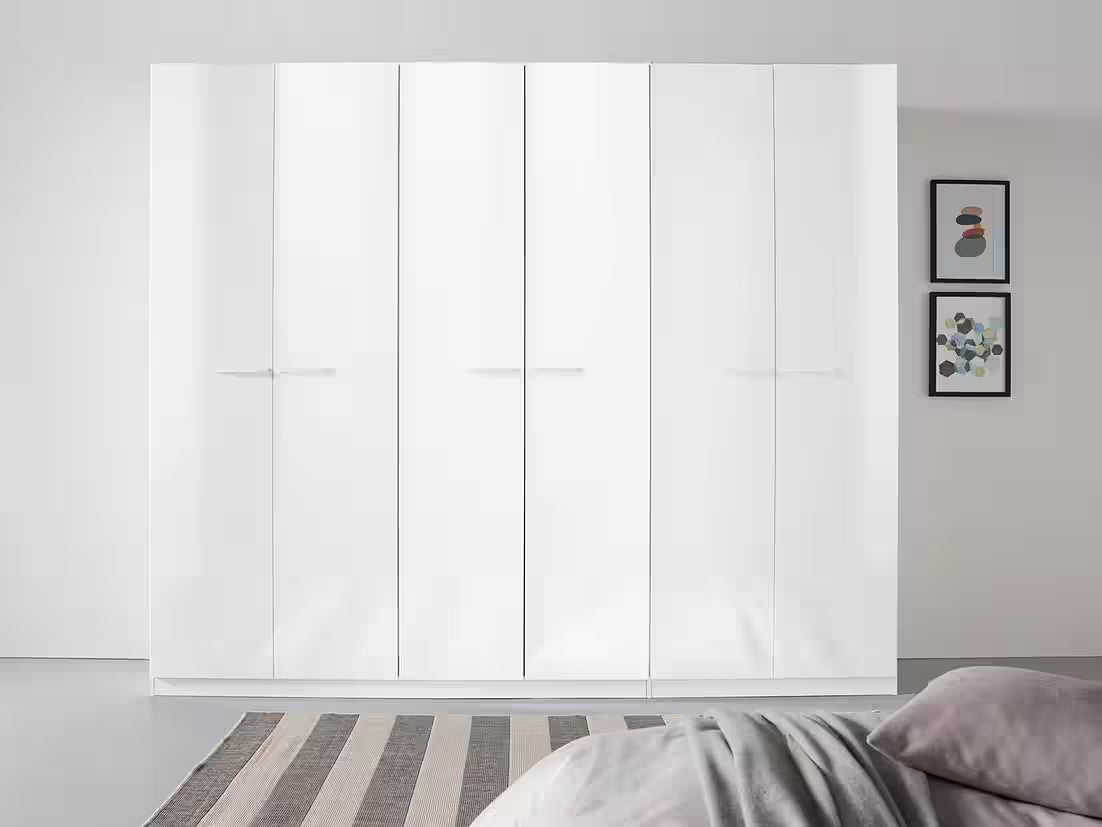 Dulap 271 cm lățime, 6 uși batante, compartimentare premium cu 11 rafturi, culoare alb lucios, material PAL, 229 cm înălțime, design modern pentru dormitor