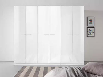 Dulap 271 cm lățime, 6 uși batante, compartimentare premium cu 11 rafturi, culoare alb lucios, material PAL, 229 cm înălțime, design modern pentru dormitor