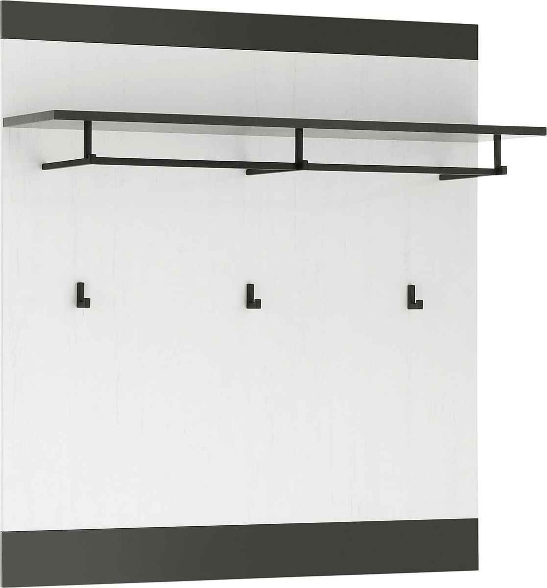 Cuier 92 cm, cu 3 cârlige și raft, structură MDF și metal, culoare alb-negru, design modern pentru hol, 100 cm înălțime