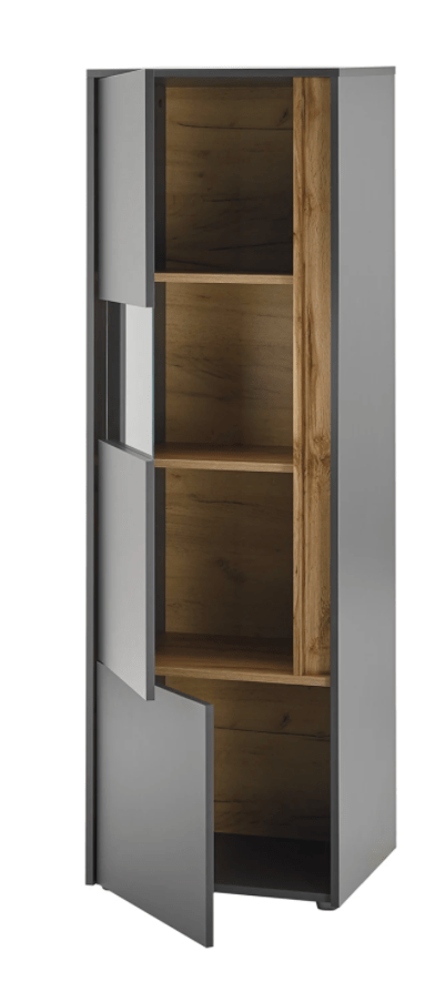 Vitrină modernă gri mat cu accente lemn, design elegant și minimalist, spații deschise și închise pentru depozitare și expunere, ideală pentru living sau birou