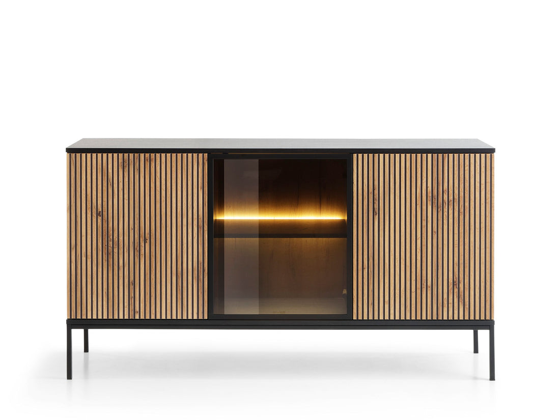 Comodă living modernă 154 cm cu 3 uși (2 opace și 1 vitrată), LED și sistem push-to-open, MDF, finisaj negru cu stejar ELYSÉE