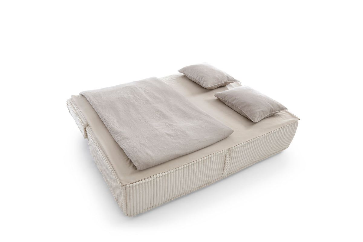 Canapea ~LOMMA~ extensibila, material velur raiat, culoare crem, 200 cm lungime, extensia 160x200 cm
