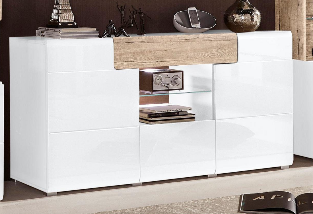 Bufet alb stejar 159 cm cu 3 uși, sertar, rafturi multiple și compartiment deschis, design modern pentru living sau dining, înălțime 83 cm