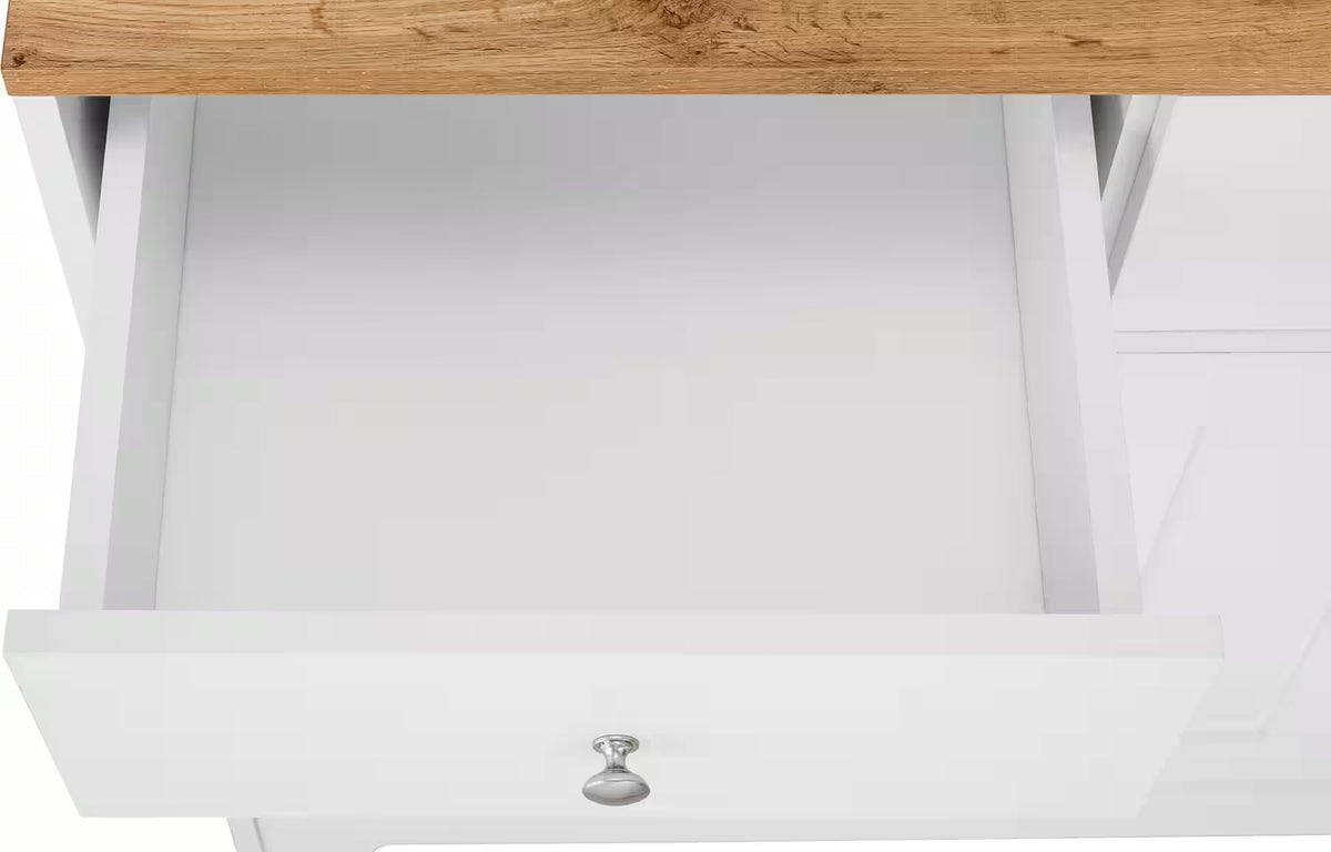 Bufet alb stejar 88 cm cu 4 uși, 2 sertare și rafturi multiple, mobilier modern pentru living sau dining, 182 cm înălțime