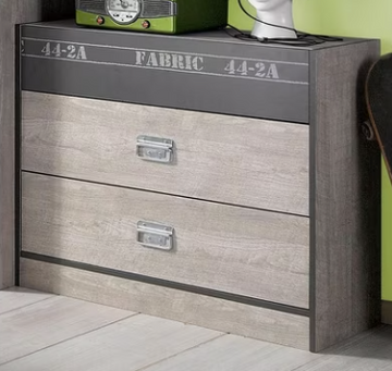Comodă gri cenușiu 87 cm cu 2 sertare și mânere metalice, design modern pentru living sau dormitor, compactă și practică, înălțime 77 cm