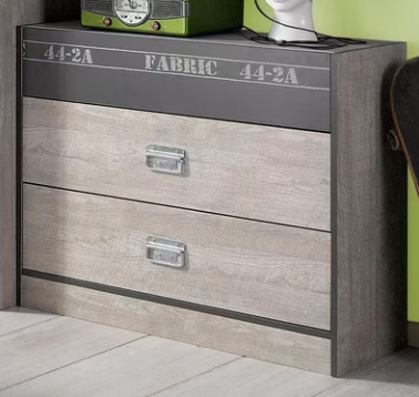 Comodă gri cenușiu 87 cm cu 2 sertare și mânere metalice, design modern pentru living sau dormitor, compactă și practică, înălțime 77 cm