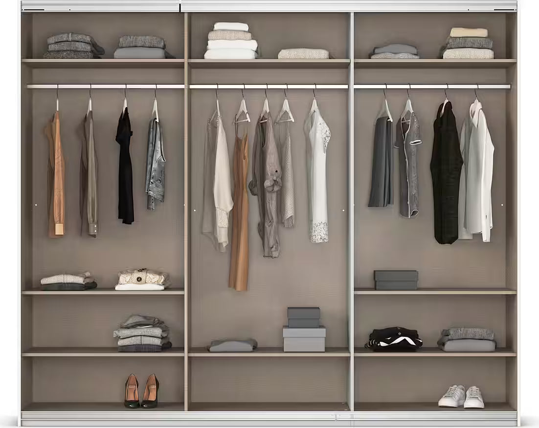 Dressing 271 cm lățime, 3 uși glisante, culoare alb, 223 cm înălțime, 11 compartimente cu 8 rafturi și 3 bare haine, spațiu generos pentru dormitor
