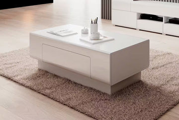 Masuta de cafea dreptunghiulara cu sertar, fronturi alb lucios, culoare alba, 110x60 cm, design modern si elegant pentru living