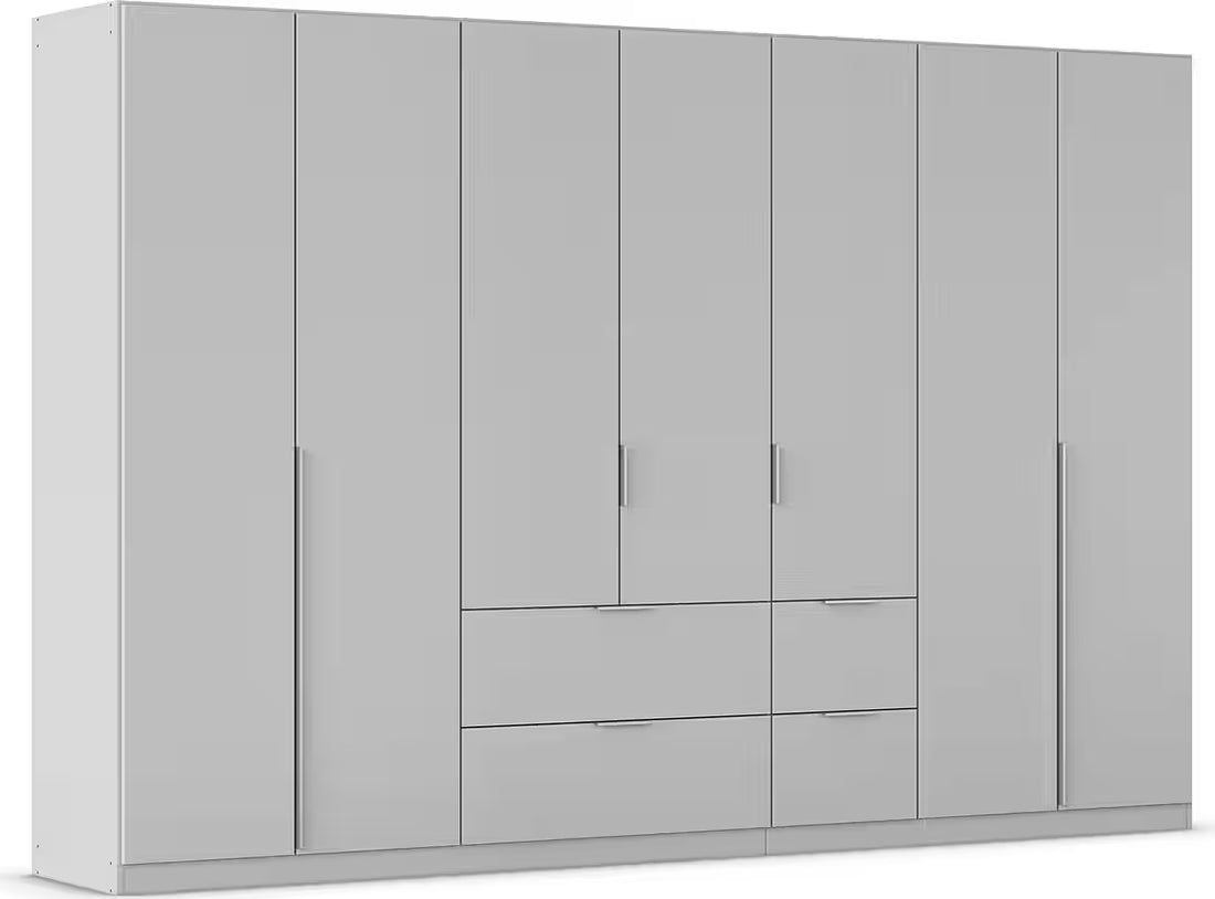 Dulap 315 cm lățime, 7 uși batante și 4 sertare, compartimentare premium cu 8 rafturi și 14 compartimente, culoare gri mătase, material PAL, 210 cm înălțime, design modern pentru dormitor