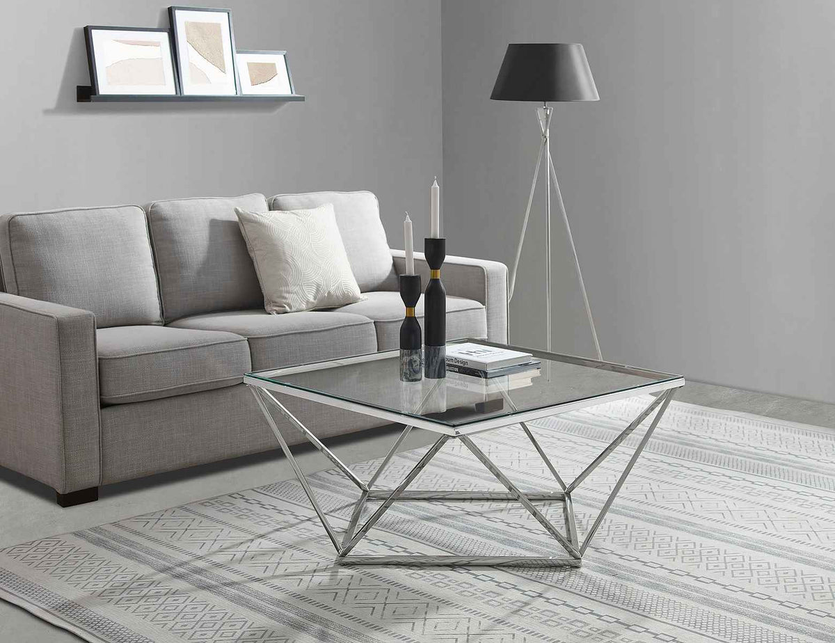 Masuta de cafea patrata din metal, culoare gri, 90 cm, design modern si rezistent, ideala pentru livinguri contemporane