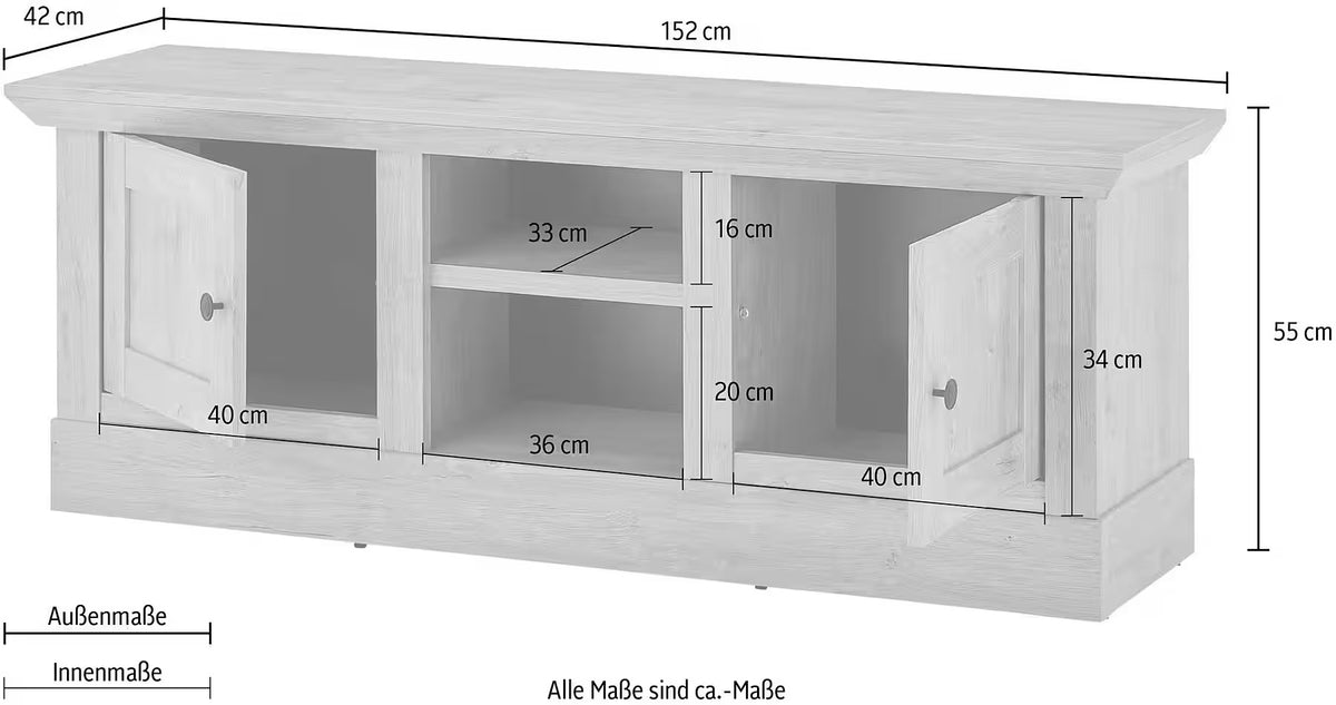 Comodă TV maro 152 cm cu 2 uși, raft și 3 compartimente, design modern pentru living, spațiu generos pentru depozitare și media, înălțime 55 cm