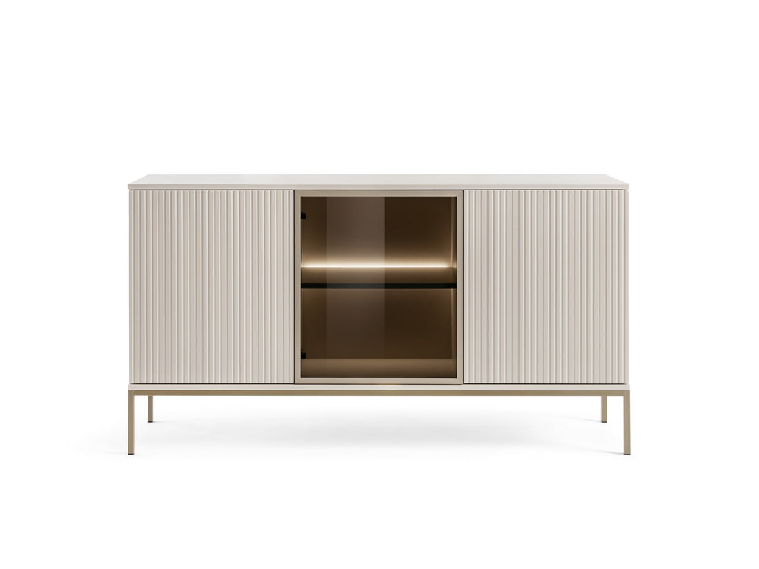 Comodă living modernă 154 cm cu 3 uși (2 pline și 1 vitrată), LED și sistem push-to-open, MDF, finisaj cashmere mat, picioare aurii ELYSÉE