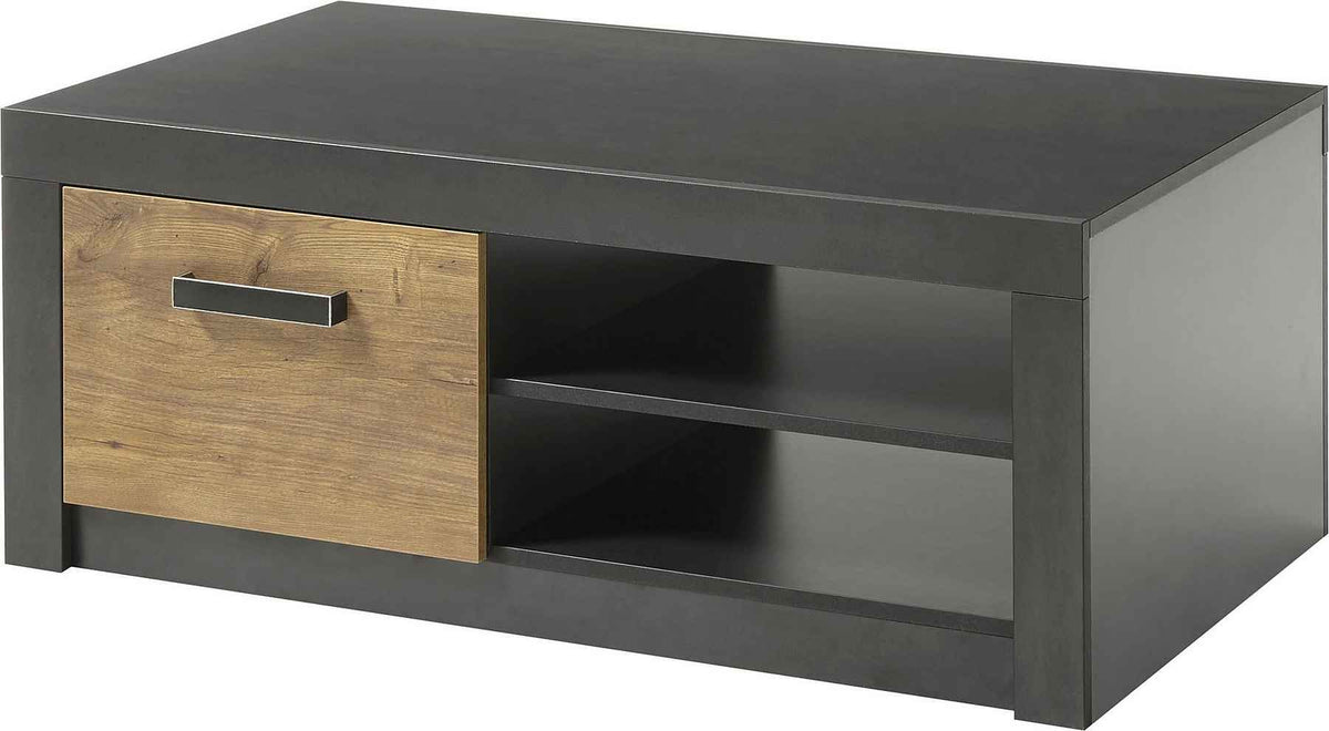 Masuta de cafea dreptunghiulara cu usi si raft, fronturi MDF si corp PAL, culoare maro-negru, 110 cm, design modern cu spatiu eficient de depozitare pentru living