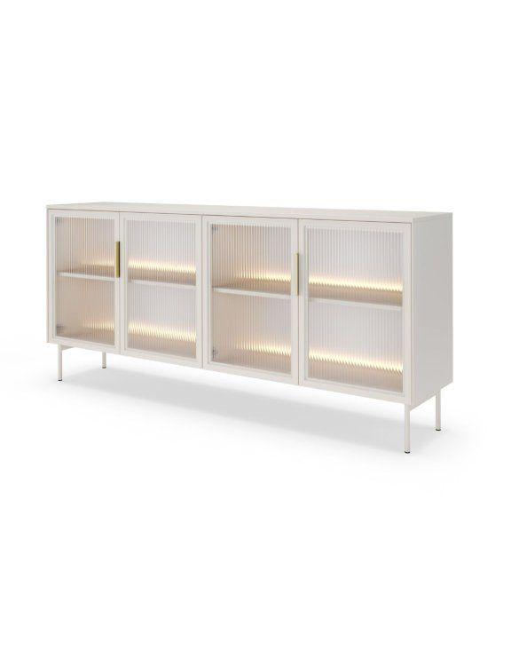 Comodă living modernă 181,5 cm cu vitrină, uși din sticlă riflată și LED, MDF și PAL, culoare cashmere AUREA
