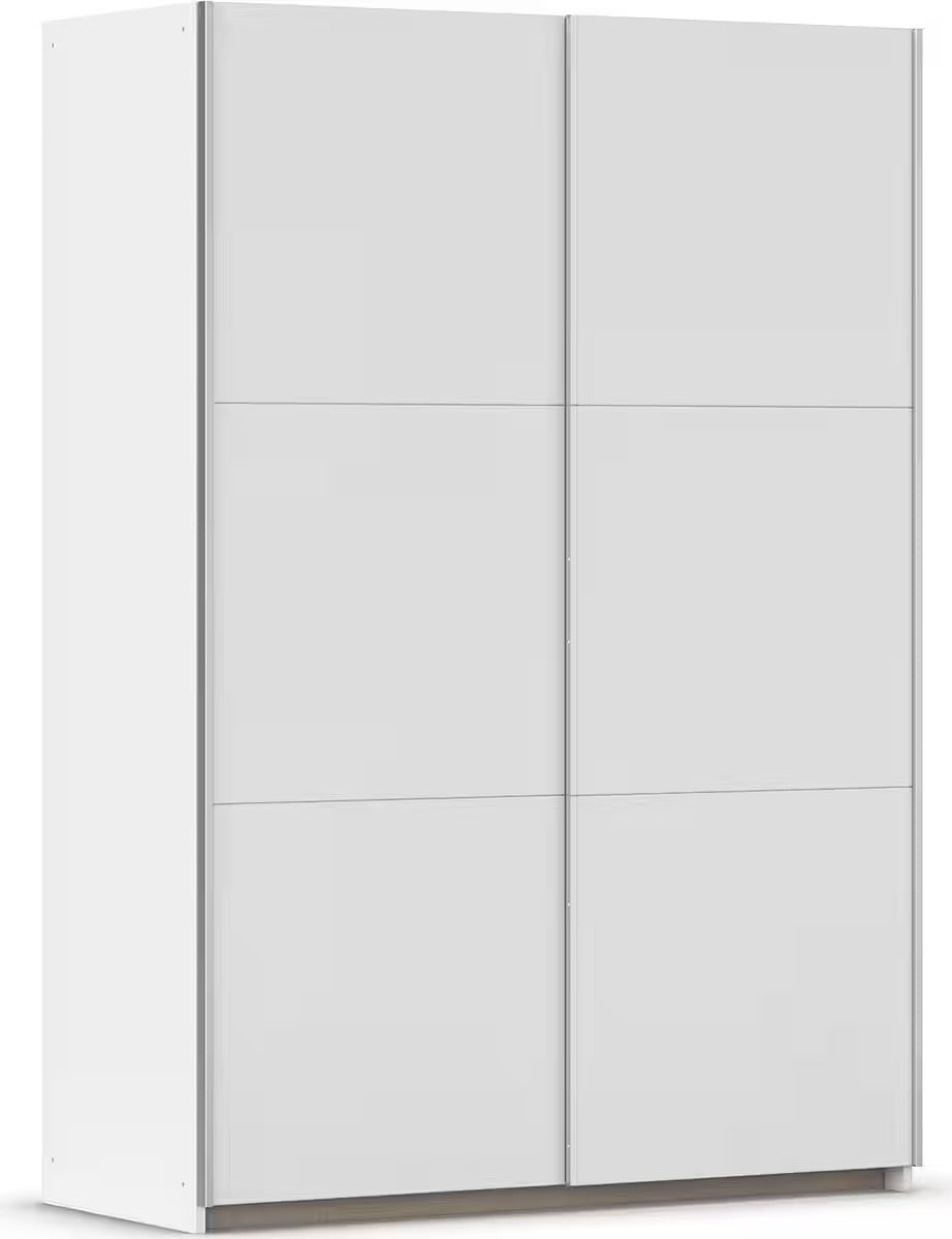 Dressing cu 2 uși glisante alb, 131 cm lățime, 191 cm înălțime, bară haine și rafturi, design modern și spațios pentru dormitor
