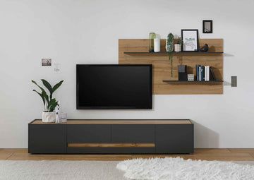 Set living modern cu comodă TV și etajeră, 300 cm, culoare negru-stejar, design elegant și spațiu generos de depozitare pentru living