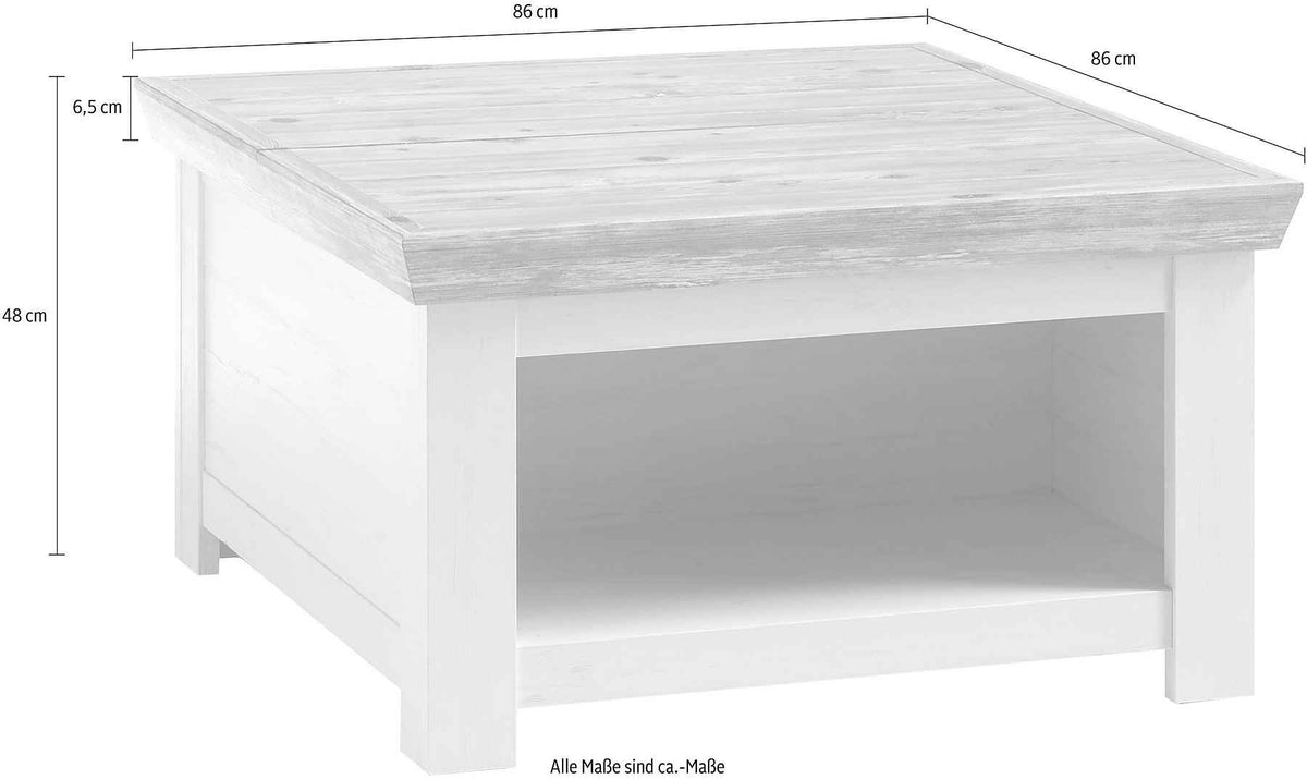 Masuta de cafea patrata cu compartimente, MDF, culoare alb-gri, 86 cm, design modern cu blat gros si spatiu practic de depozitare pentru living