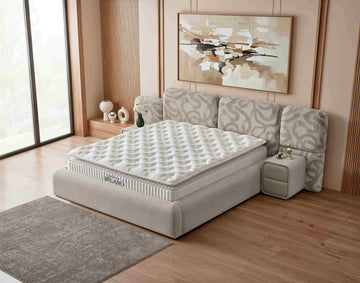 Pat Boxspring MILANO cu ladă de depozitare, structura metalica, material și saltea premium cu topper integrat, design modern