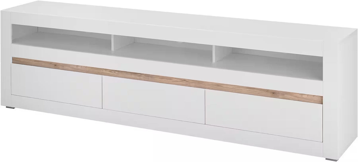Comodă TV albă 217 cm cu 3 sertare și compartimente, fronturi MDF, design modern pentru living