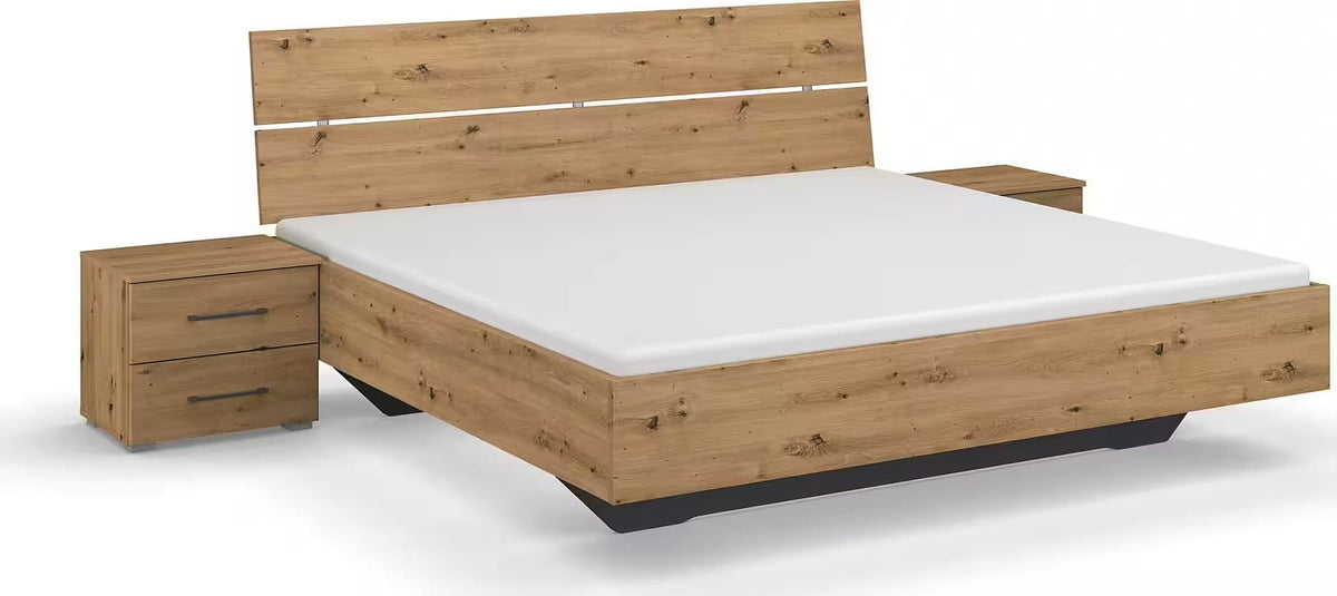 Set dormitor 4 piese, dulap 226 cm, cadru pat 140x200 cm și 2 noptiere, culoare stejar, material MDF și PAL, design modern funcțional pentru dormitor complet