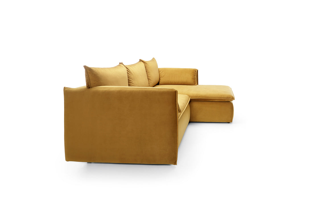 Colțar extensibil modern cu ladă de depozitare pentru living 230 cm, tapițat în material catifelat muștar, design confortabil contemporan PLATINUM