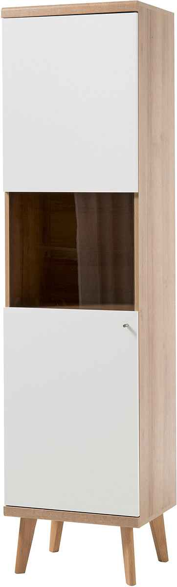 Vitrină modernă 197 cm, culoare alb-maro, 1 ușă și 4 rafturi, 5 compartimente, design înalt și elegant pentru depozitare eficientă și expunere în living