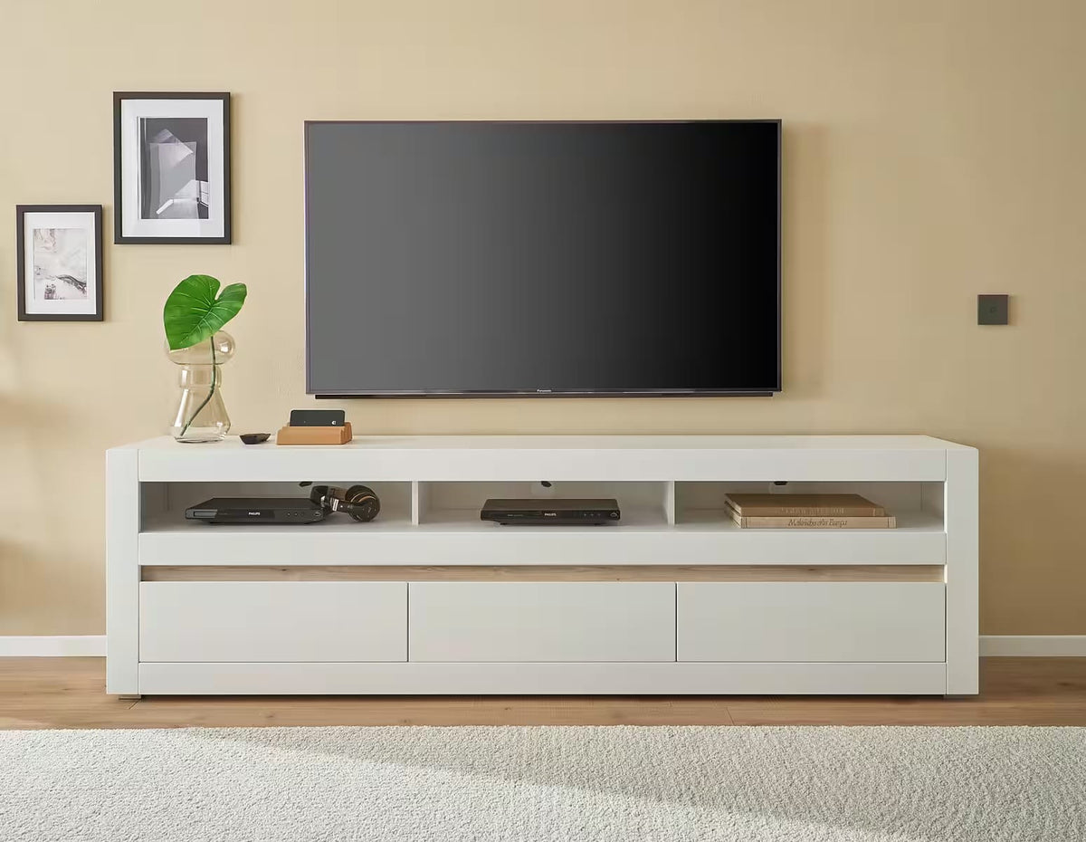 Comodă TV albă 217 cm cu 3 sertare și compartimente, fronturi MDF, design modern pentru living