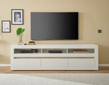 Comodă TV albă 217 cm cu 3 sertare și compartimente, fronturi MDF, design modern pentru living