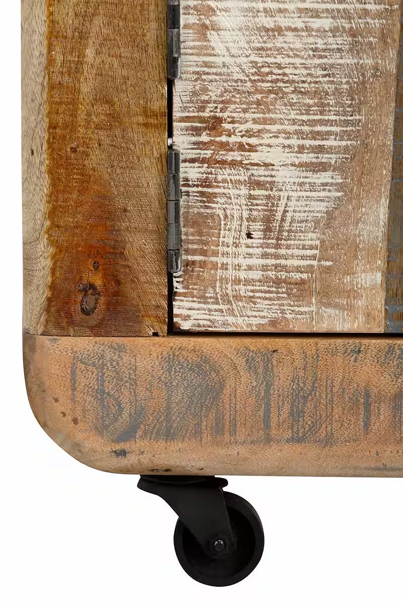 Măsuță de cafea vintage cu rotile, material lemn masiv de mango, 110 cm lungime