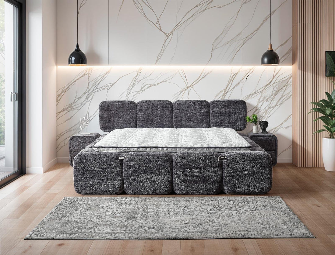 Pat Boxspring MARVEO cu ladǎ de depozitare, structurǎ metalicǎ, saltea premium cu topper integrat, material premium