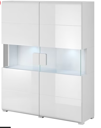 Comodă alb lucios 121,5 cm cu 2 uși vitrate și rafturi multiple, design modern elegant pentru living sau dining, înălțime 152,5 cm