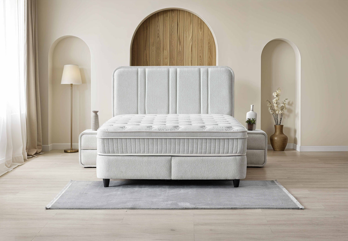 Pat Boxspring HUGO cu ladă de depozitare, structura metalica, material și saltea premium, design modern