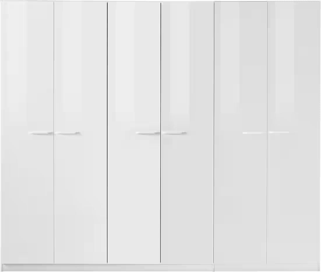 Dulap 271 cm lățime, 6 uși batante, compartimentare premium cu 11 rafturi, culoare alb lucios, material PAL, 229 cm înălțime, design modern pentru dormitor