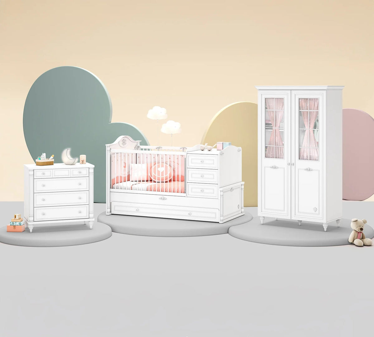 Set dormitor bebe 3 piese (pătuț transformabil, dulap 2 uși, comodă 4 sertare), stil clasic romantic, alb, design premium cu detalii sculptate BELLE