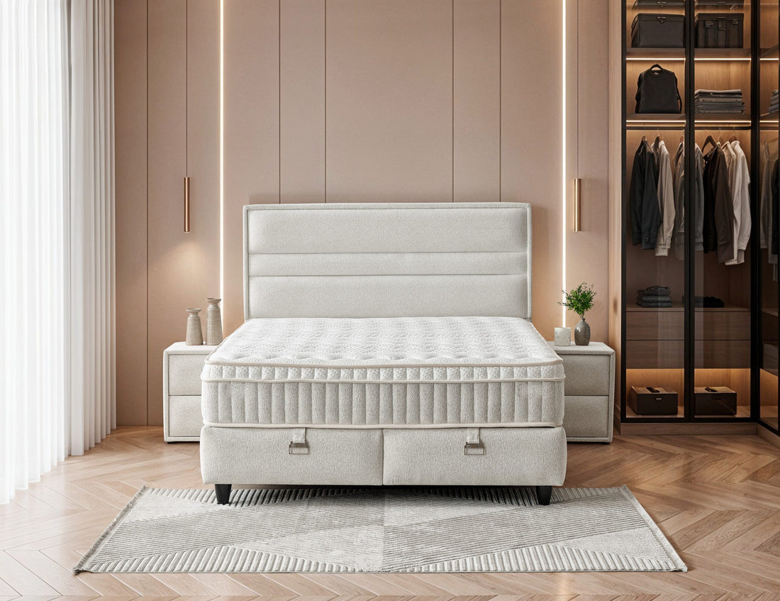 Pat Boxspring ASTRA cu ladă de depozitare, structură metalică, material si saltea premium cu topper integrat