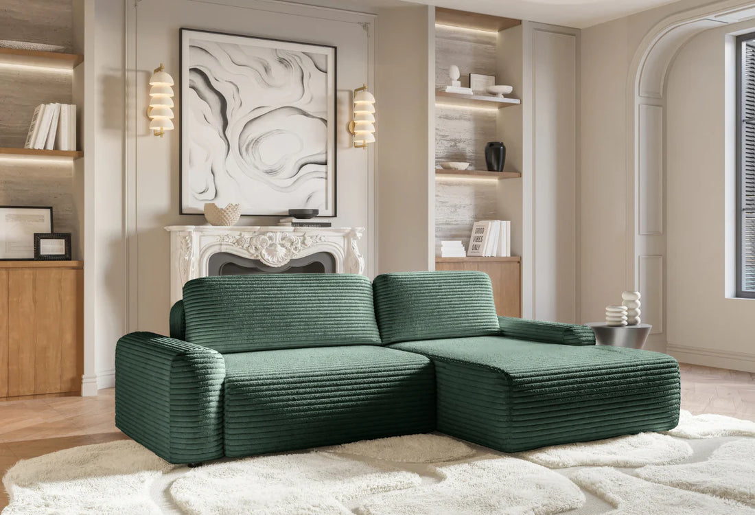 Colțar extensibil modern cu ladă de depozitare pentru living 264 cm, tapițat în velur raiat catifelat verde smarald, design elegant contemporan NUBO