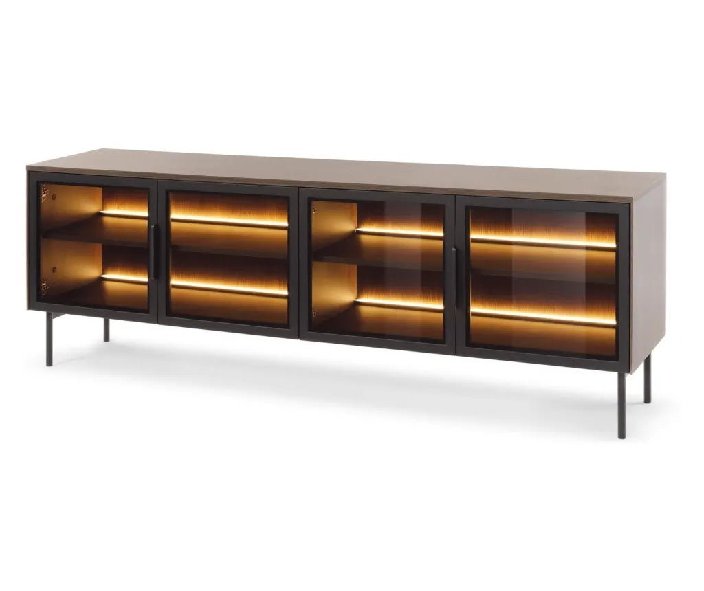 Comodă TV negru stejar 181 cm cu 4 uși și iluminare LED, fronturi MDF cu sticlă, design modern elegant pentru living AUREA