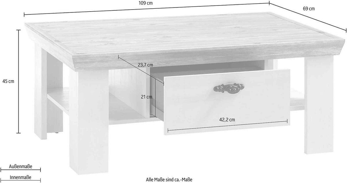 Masuta de cafea dreptunghiulara cu sertar, MDF, culoare alb-maro deschis, 109 cm, design modern cu spatiu de depozitare si manere negre elegante