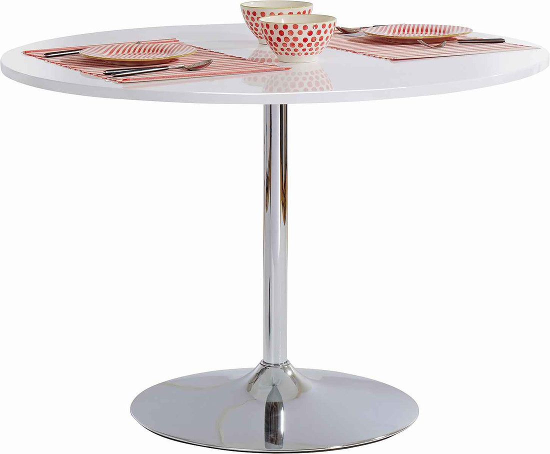 Masă dining rotundă 110 cm, alb, blat MDF 2 cm, cadru metalic, 1 picior central, design modern pentru bucătărie sau living