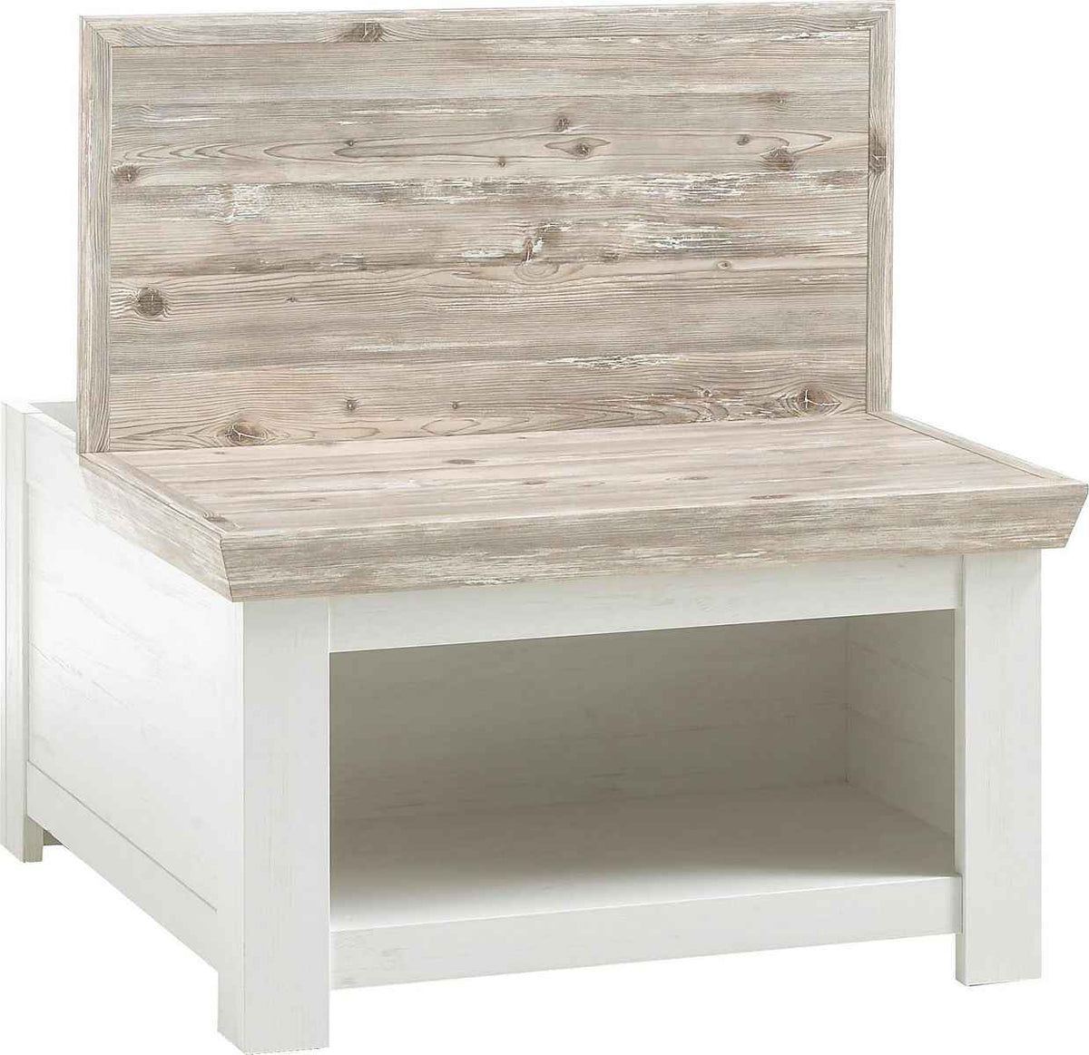 Masuta de cafea patrata cu compartimente, MDF, culoare alb-gri, 86 cm, design modern cu blat gros si spatiu practic de depozitare pentru living